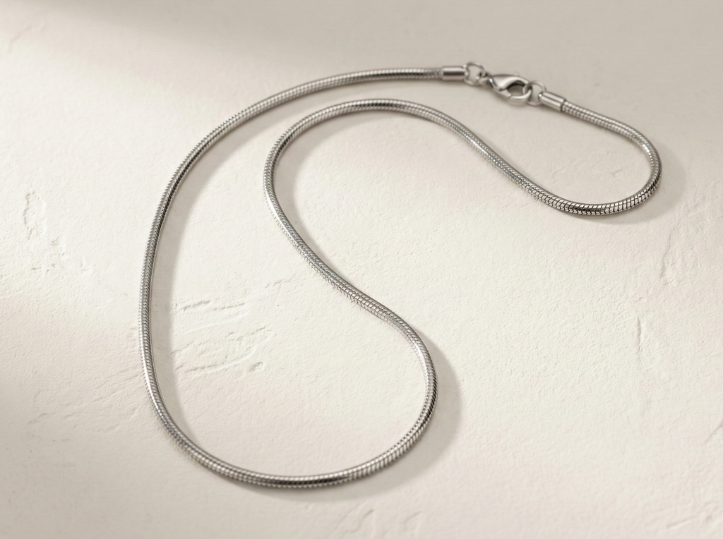 L'Eclat silver necklace flatlay in soft S-curve